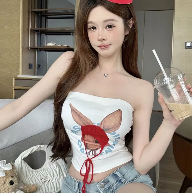 小红帽兔子字母印花无袖抹胸女夏季修身内搭辣妹裹胸短款上衣外穿