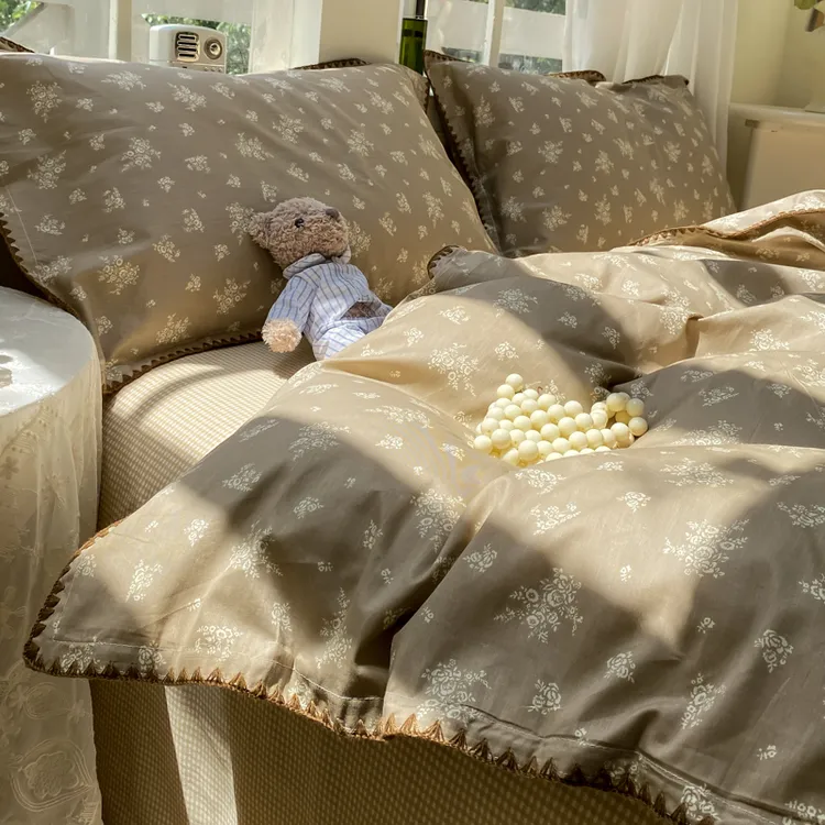 复古风花束漫贝壳边床上四件套纯棉100%全棉被套床单床笠四季通用