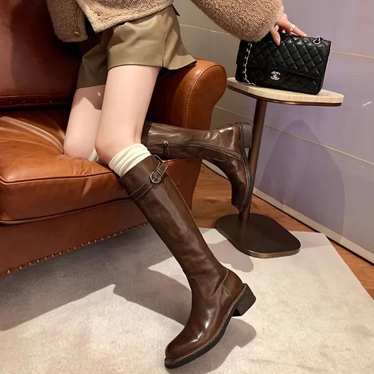 全牛皮~复古棕色小个子靴子女显高圆头厚底不过膝瘦瘦高筒骑士靴