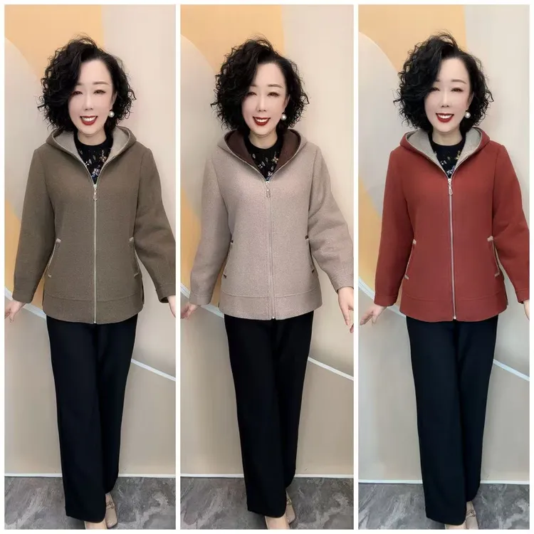 2507新款中老年妈妈加衬时尚宽松大码混纺厚外套，66衣长