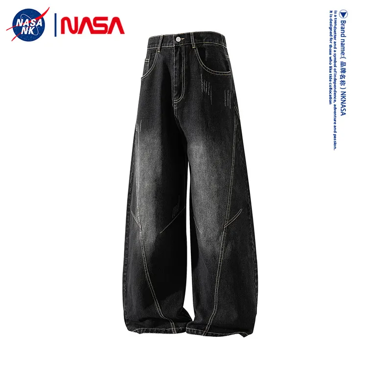 NASA联名美式复古解构牛仔裤男款秋冬季潮牌水洗做旧宽松直筒长裤
