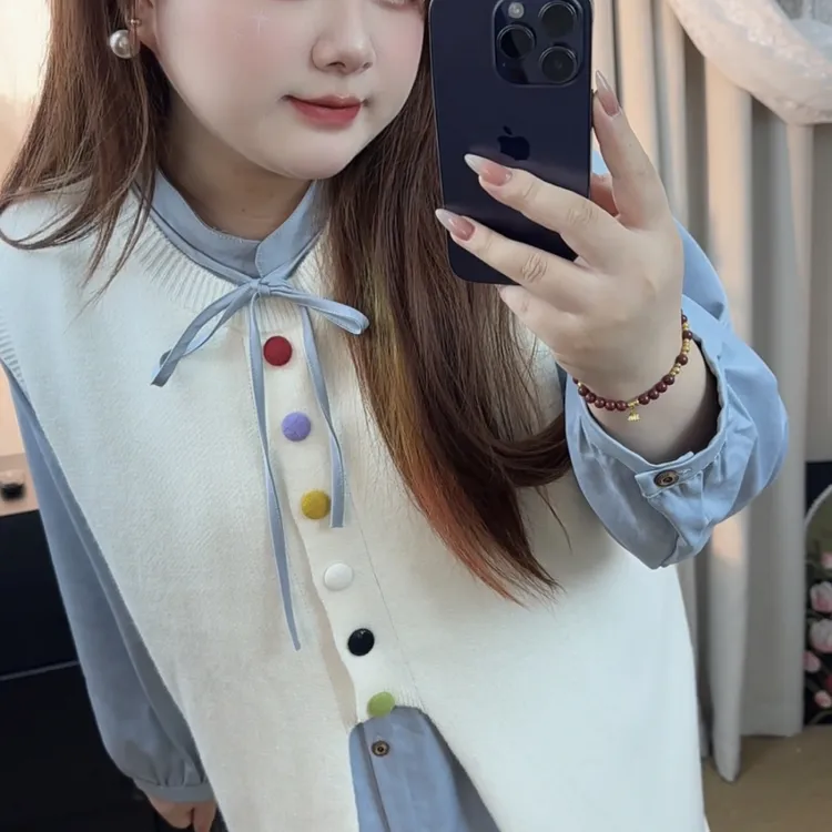 大码女装慵懒风彩扣背心毛衣长裙胖mm日系温柔奶乖宽松流苏连衣裙