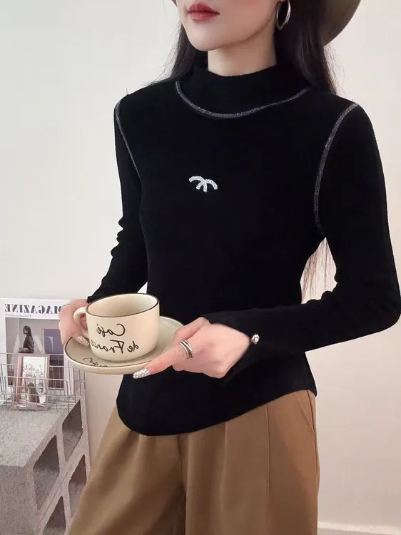 防风圆领宽松型半高领常规款T恤打底衫套头加厚洋气