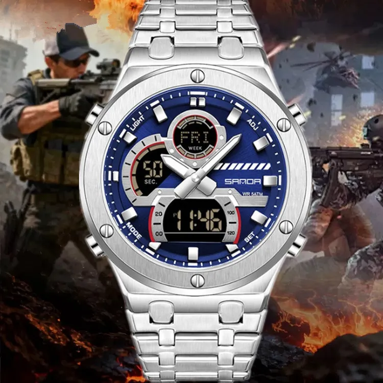 多功能男士电子手表双显计时夜光闹钟防水钢带石英腕表学生黑武士