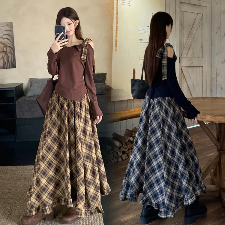 实拍~2025秋季琥珀学院风裙子时尚套装韩版复古格子大码裙子