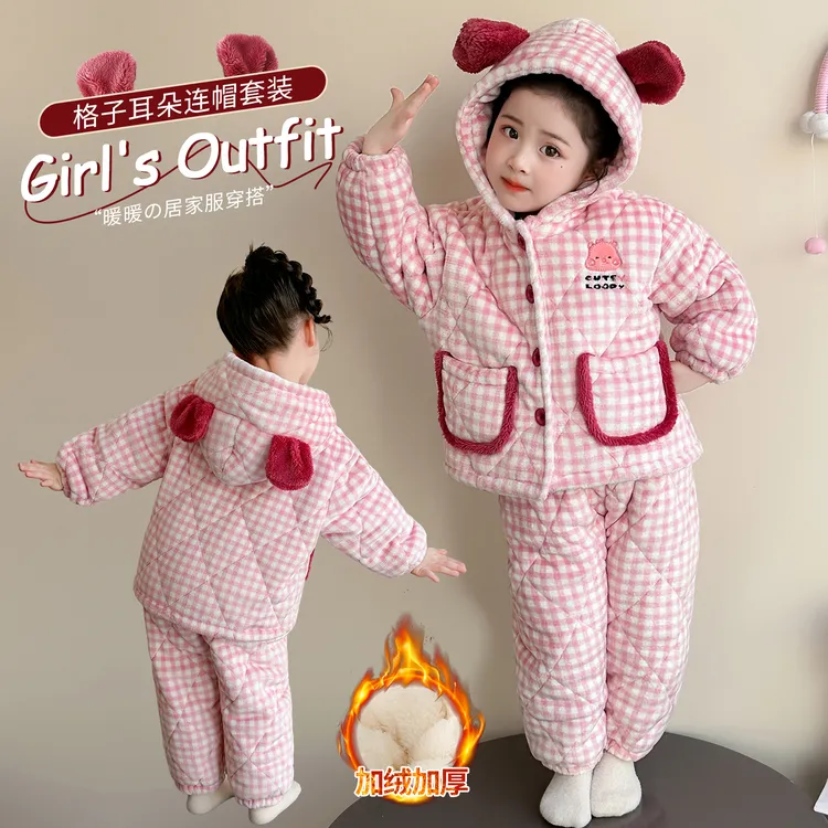冬季卡通加厚抗静电睡衣女童保暖家居服套装女宝三层夹棉儿童冬装