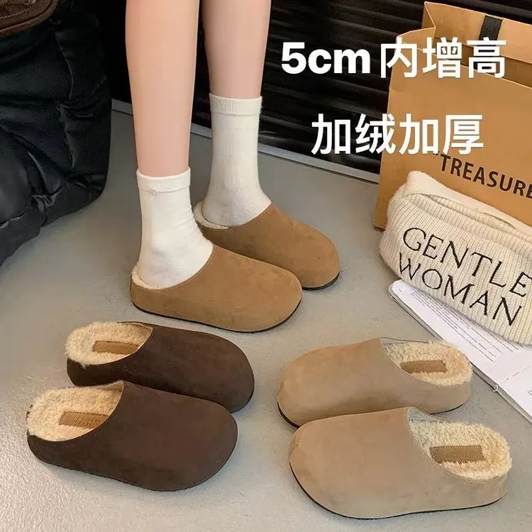 内增高加绒博肯拖鞋女2025年冬季新款复古保暖一脚蹬勃肯棉拖鞋女