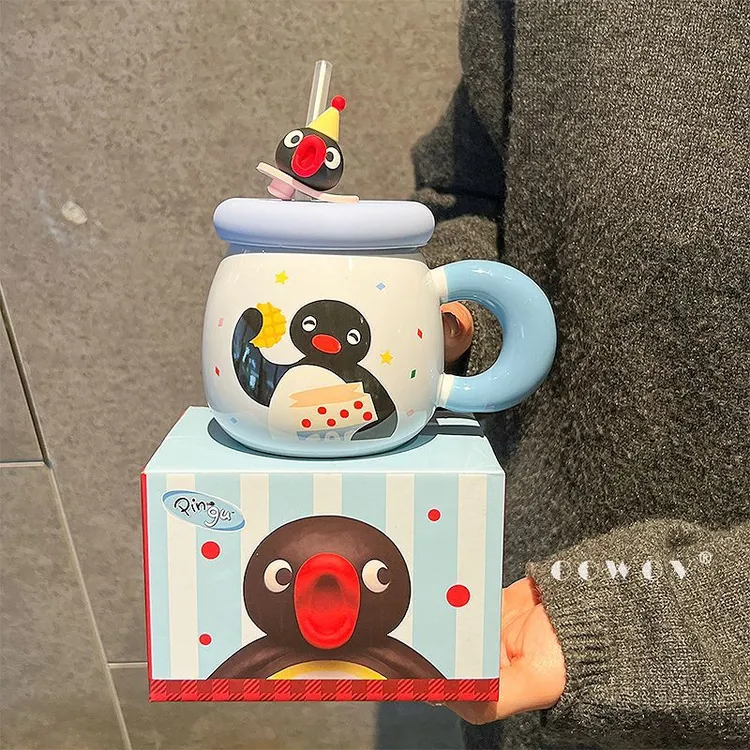 Pingu企鹅家族联名陶瓷马克杯女生高颜值新款情侣吸管杯生日礼物