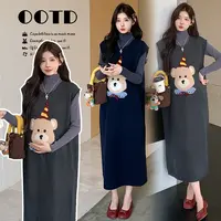 孕妇套装2025秋冬韩版刺绣卡通小熊背心裙子搭配打底毛衣两件套