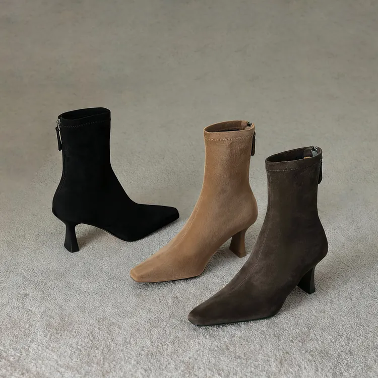亚奇纳YAQINA新款时尚绒面极简复古显瘦百搭裸靴弹力靴瘦瘦短靴