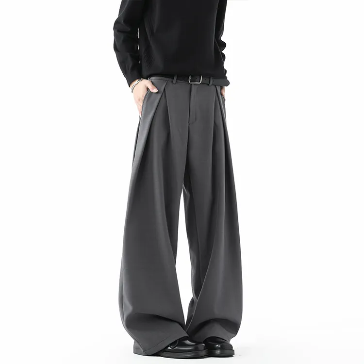高级感褶皱阔腿西裤男痞帅设计感解构垂感拖地裤百搭廓形休闲长裤