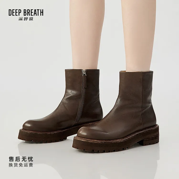 DEEP BREATH深呼吸女鞋简约侧拉链水洗牛皮短靴质感中性靴AX15251