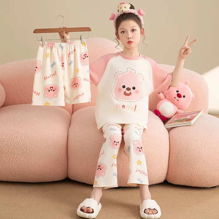 儿童纯棉睡衣夏季薄款女童短袖卡通三件套中大童可爱家居服25008