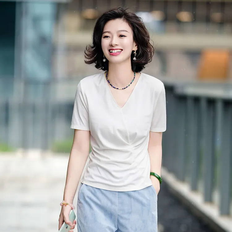 西子/【全能T】桑蚕丝V领时尚气质百搭收腰显瘦极简T恤上衣/TXCY001