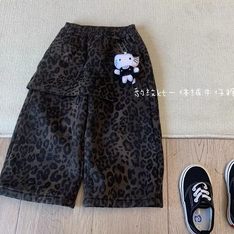 一体绒裤子25冬季洋气新款女宝宝儿童保暖舒适百搭豹纹直筒裤
