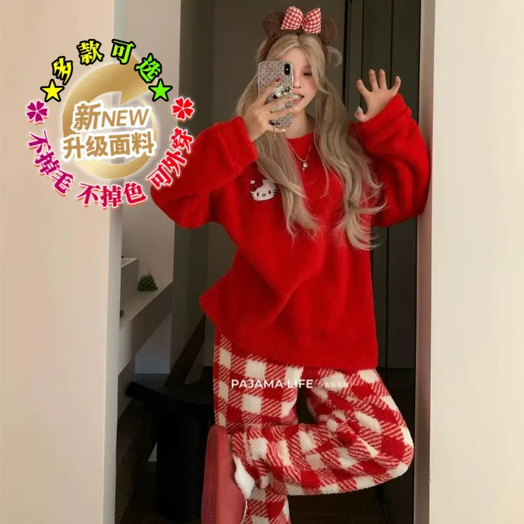 【当天发货】可爱kitty猫卡通睡衣女秋冬季珊瑚绒红色格子家居服