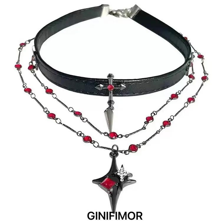 GINIFIMOR 钨合金皮质项链 a683 哥特星芒十字架项链嘻哈chocker