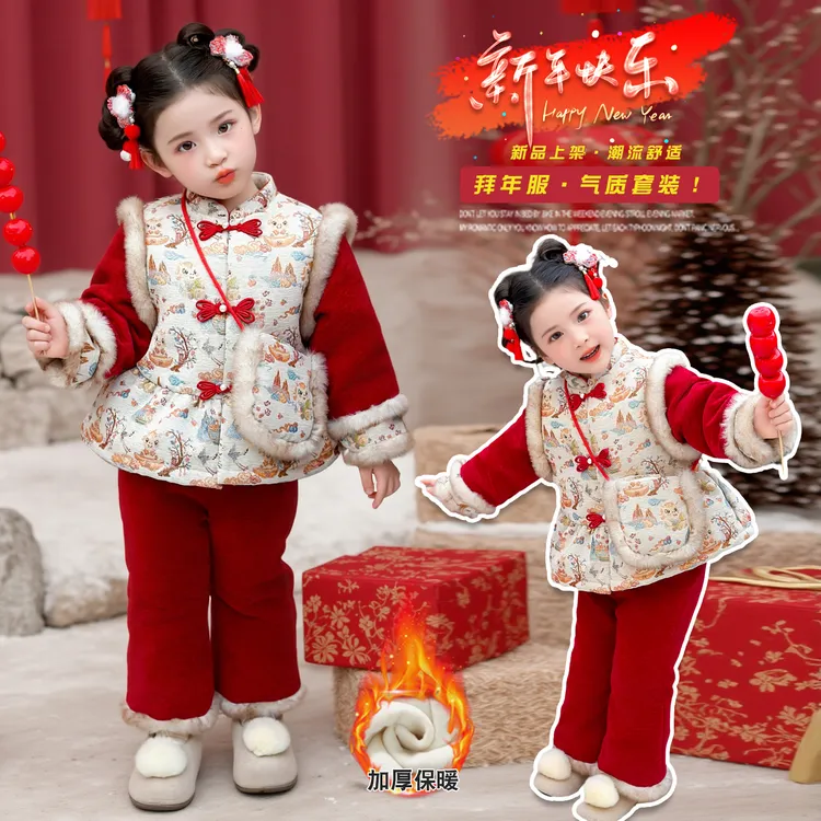 女童红色唐装年服套装冬季儿童加绒汉服新中式女宝宝国风两件套潮