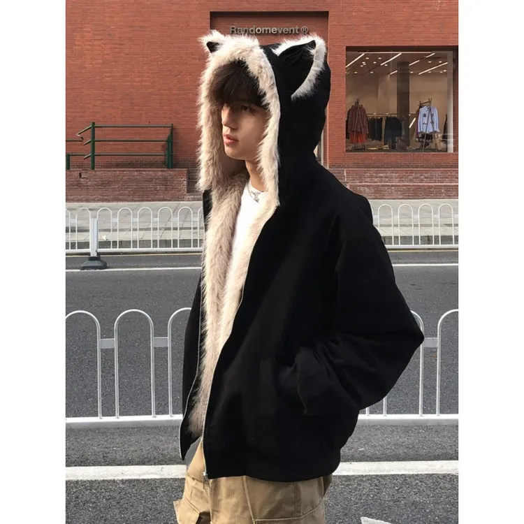 cleanfit猫耳朵毛领座山雕男冬季潮牌痞帅外套高级感情侣保暖棉衣