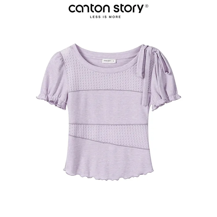 羊城故事 紫色木耳边圆领正肩短袖t恤女新款设计感上衣 Y50550953