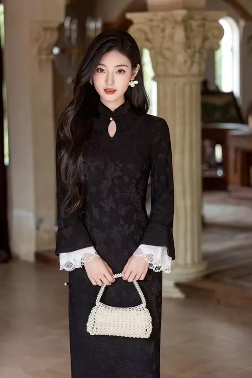 【恋语】2025年秋季新款蓝色复古新中式长袖改良旗袍女日常年轻款