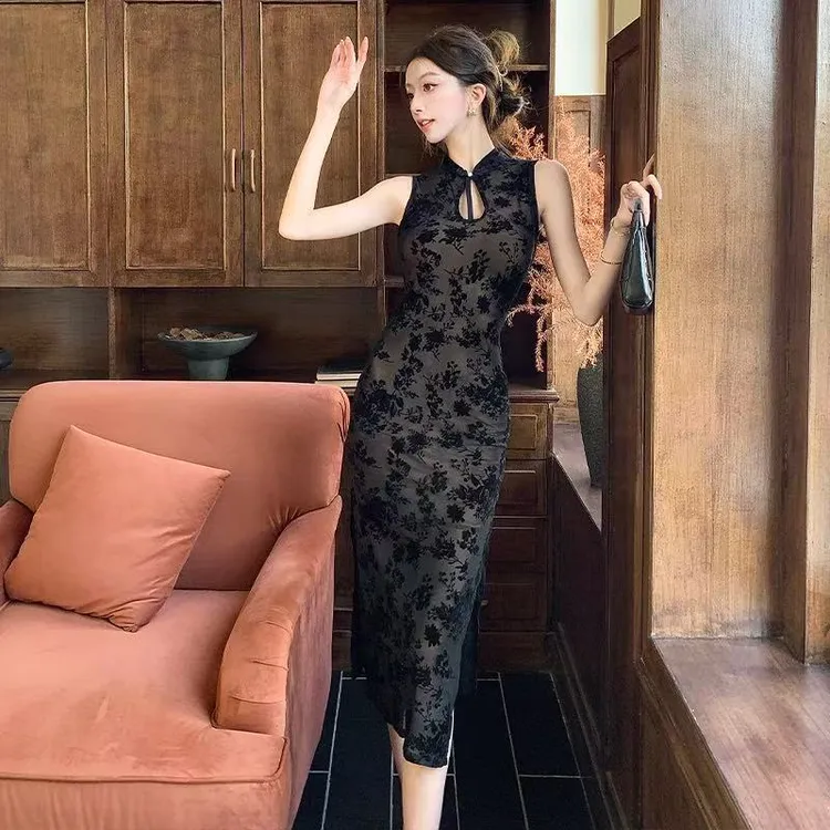 2025夏新新中式网纱印花无袖旗袍连衣裙女显瘦性感开叉中长裙