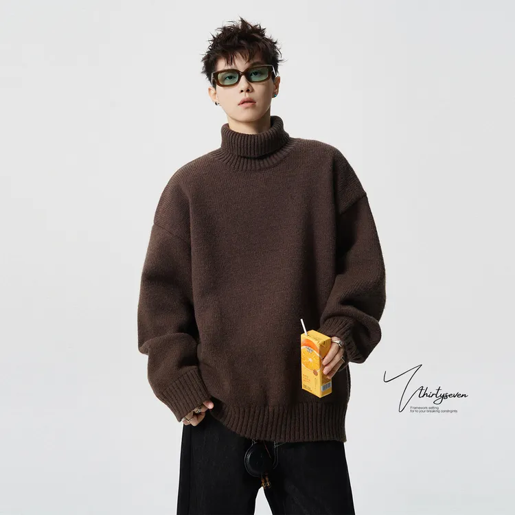 V37男士可翻高领毛衣冬季宽松加绒加厚纯色针织衫百搭情侣打底衫
