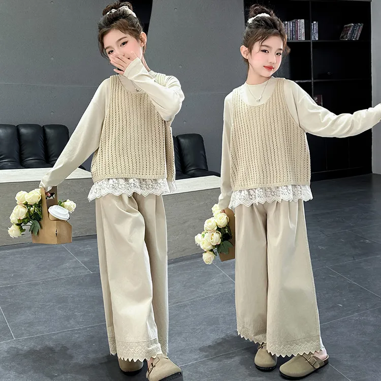 女童三件套春秋款儿童2025新款洋气春装打底衫套装儿童韩范穿搭潮