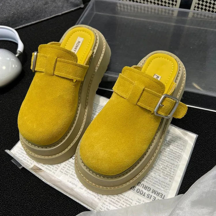 欧洲站2025新款松糕厚底磨砂皮勃肯超轻鞋包头半拖鞋女慵懒外