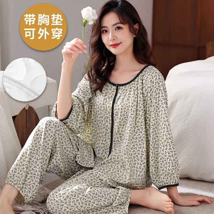 春秋季睡衣女士网红ins风甜美带胸垫外穿高档长袖长裤家居服套装