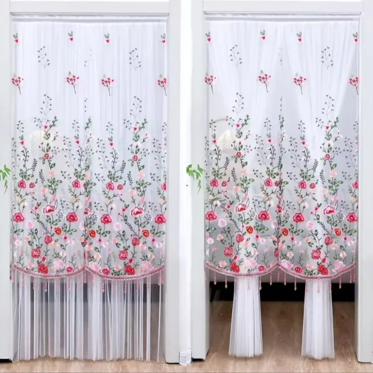 加密褶皱绣花吊珠双层长门帘卧室装饰可剪短防水桌布防油防烫免洗
