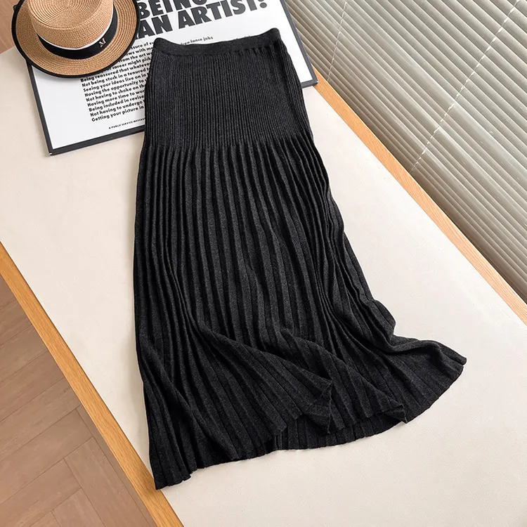 秋冬压褶百褶裙高腰针织半身长裙