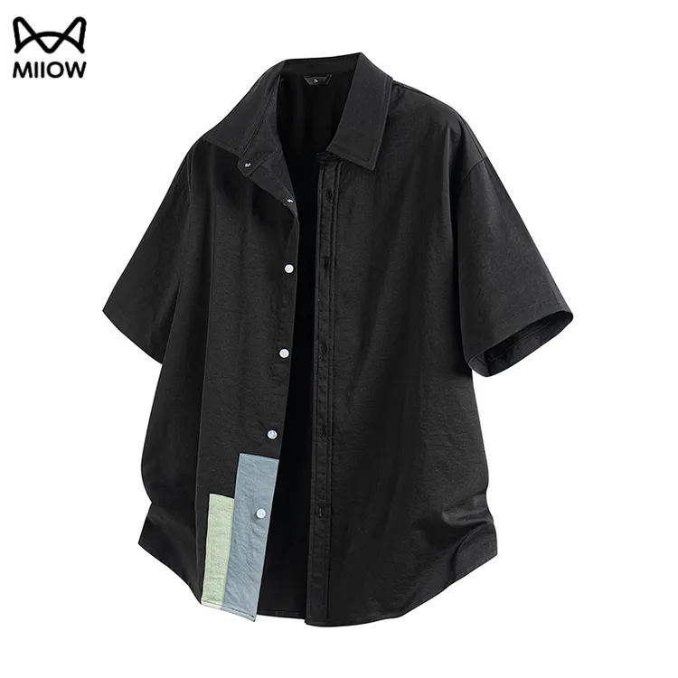 猫人复古设计感短袖衬衫男翻领宽松休闲潮流拼色衬衫夏季薄款衬衣