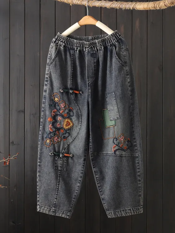 复古民族风盘扣刺绣牛仔九分裤女2025秋季新款宽松显瘦大码哈伦裤