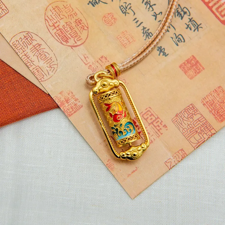 钛钢皮质项链 新中式鱼跃银制转运筒项链吊坠复古宫廷风毛衣链女