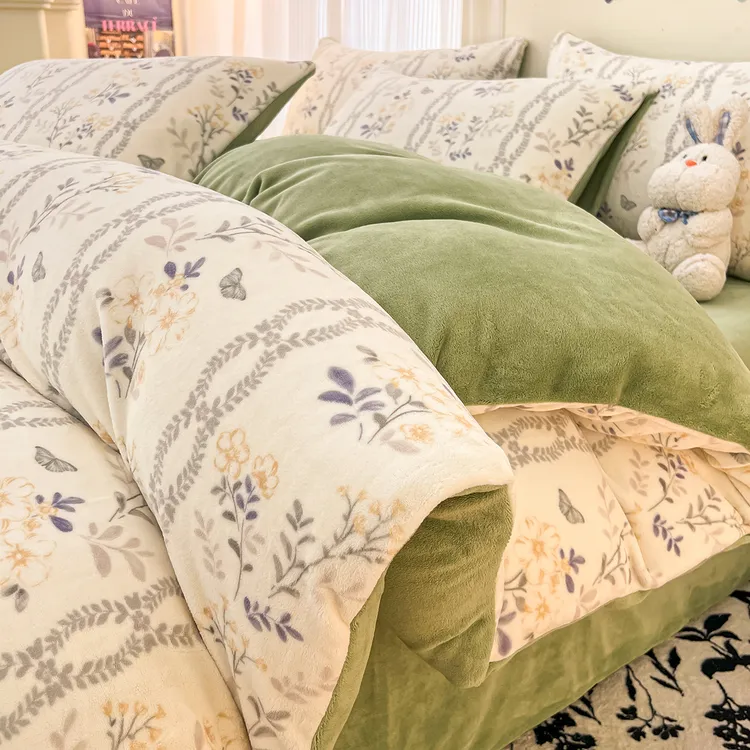 冬天季加厚牛奶绒床上四件套双面加绒法兰绒被套珊瑚绒床单床笠款