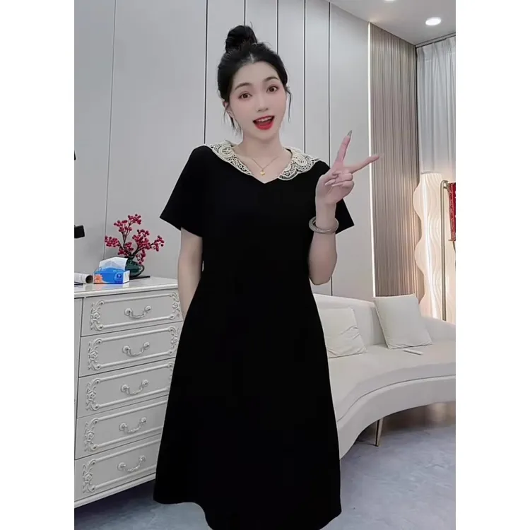 大码法式时尚高级感连衣裙女2025夏季新款胖MM遮肚收腰显瘦A字裙