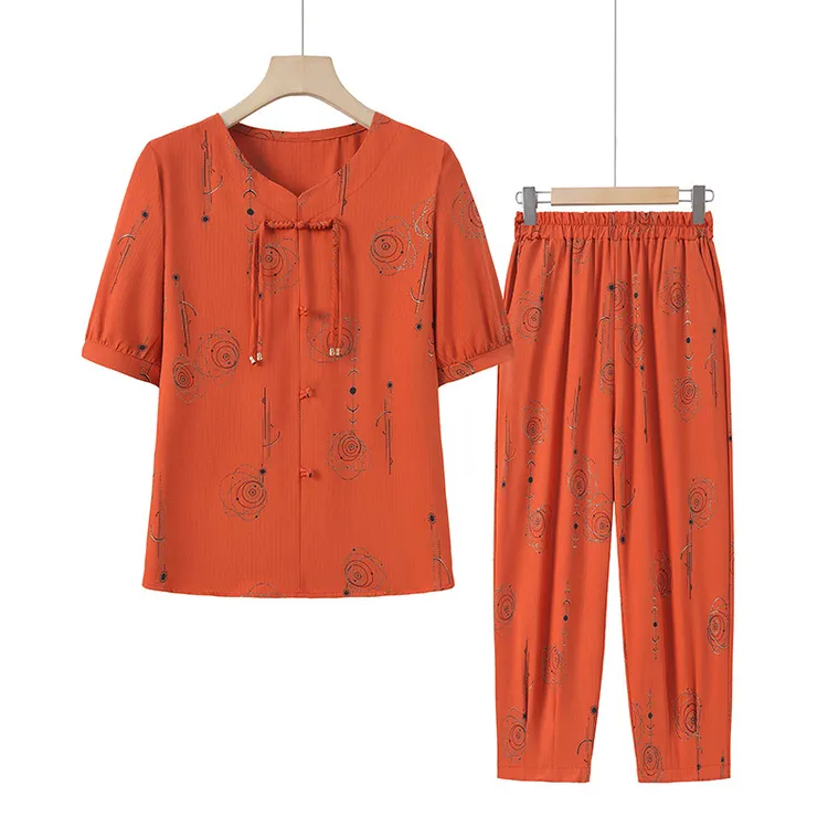 2025新款妈妈夏装套装洋气雪纺小衫中老年女中袖上衣七分裤两件套