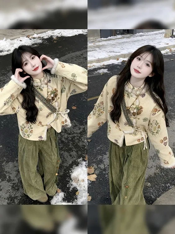 大码胖MM新中式国风女秋冬装通勤气质减龄保暖上衣阔腿裤子两件套