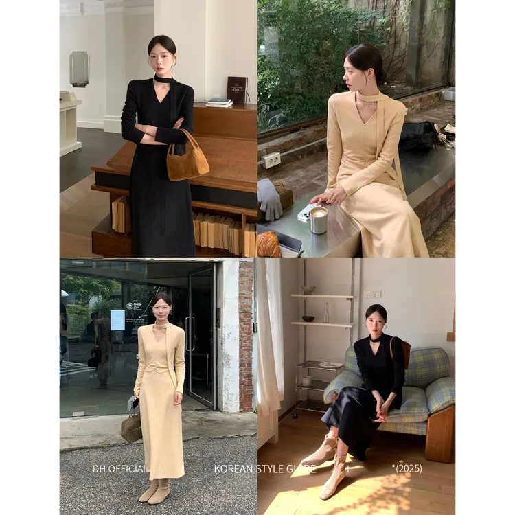 DH OFFICIAL大花【月半夜曲 dress】韩系温柔V领收褶显瘦长款连衣裙