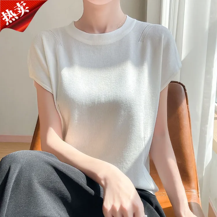 哥弟阿玛施正品冰丝圆领飞飞袖T恤女韩版纯色设计感针织衫上衣夏