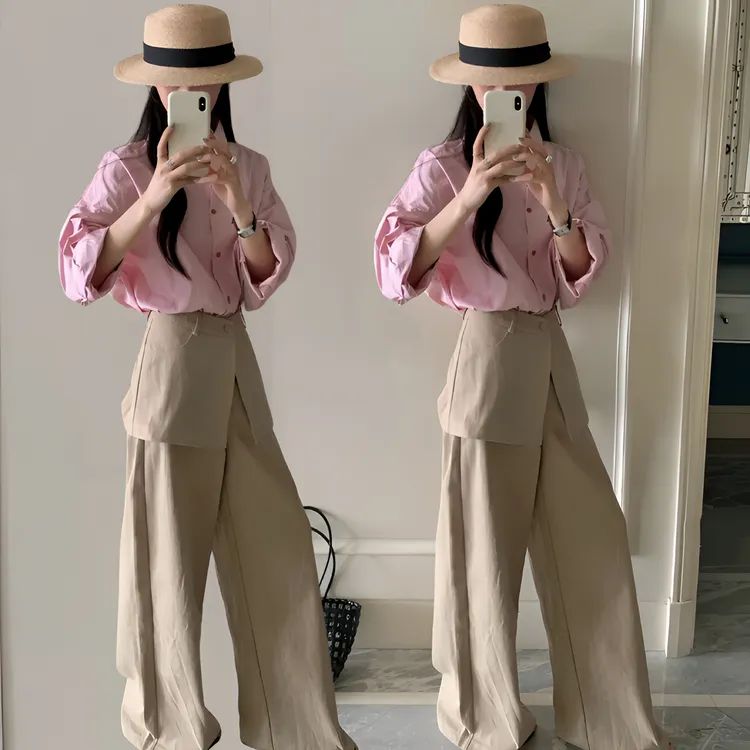 2026春装新款粉色衬衫上衣搭卡其阔腿裤套装显瘦时尚简约秋装