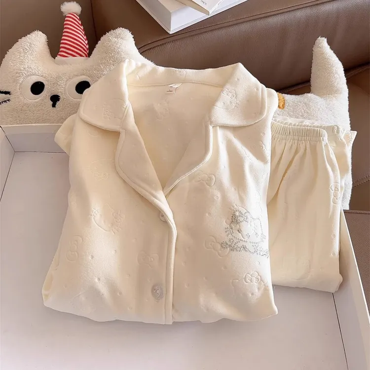 带胸垫睡衣德绒女秋冬长袖长裤套装kitty猫可爱卡通保暖韩版ins