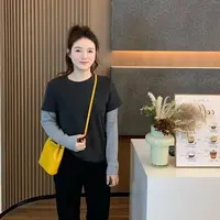 小羽酱小个子定制秋季韩系简约显瘦假两件拼接撞色棉弹长袖T恤