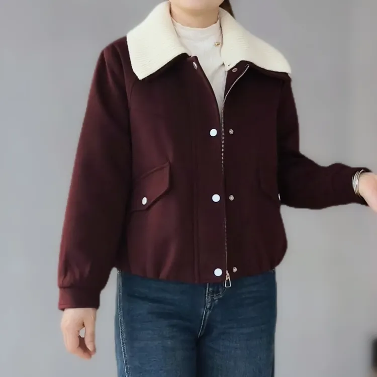  小个子双层领翻领女短款直下摆单排扣棉内里常规款冬季风短外套