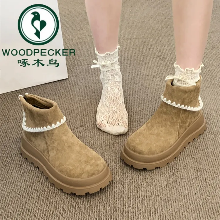 啄木鸟厚底增高勃肯短靴女款2025秋冬新款复古圆头百搭绒面马丁靴