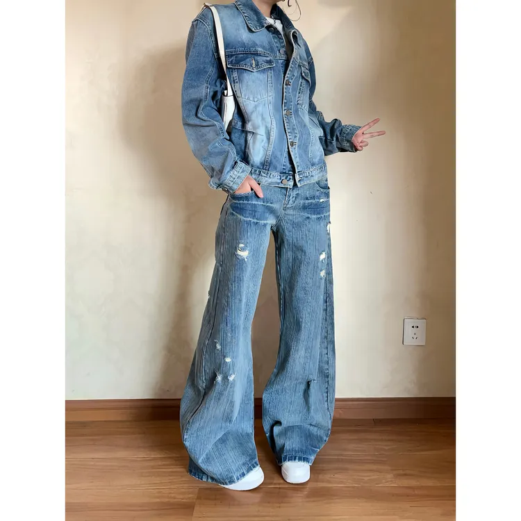 ESEWRD美式高街做旧磨破设计弯刀牛仔裤女宽松阔腿水洗竹节纹长裤