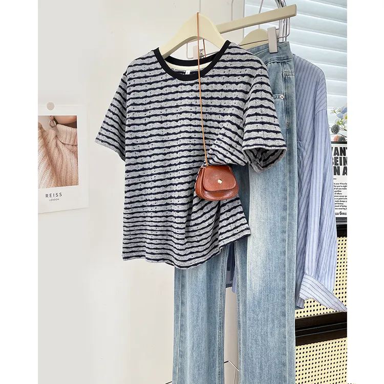 法式高级感撞色条纹镂空短袖女2025夏季新款遮肉显瘦轻奢时髦上衣