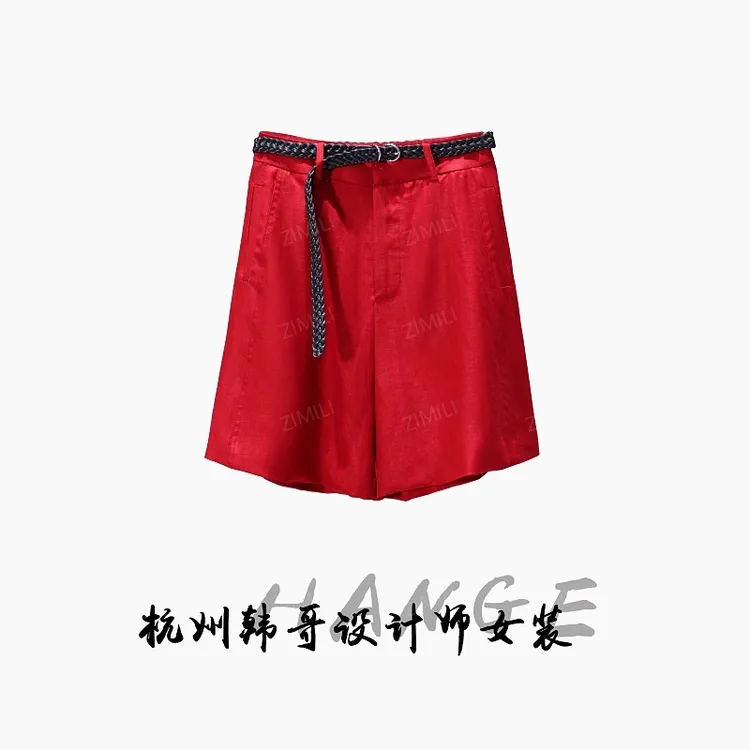 【韩哥女装】2025欧版轻薄透气枣红色高腰时尚休闲A字短裤9357-H4