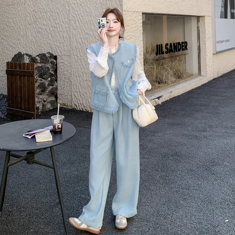 蓝色小香风套装女2025早春新款法式小众马甲衬衫阔腿裤显瘦三件套